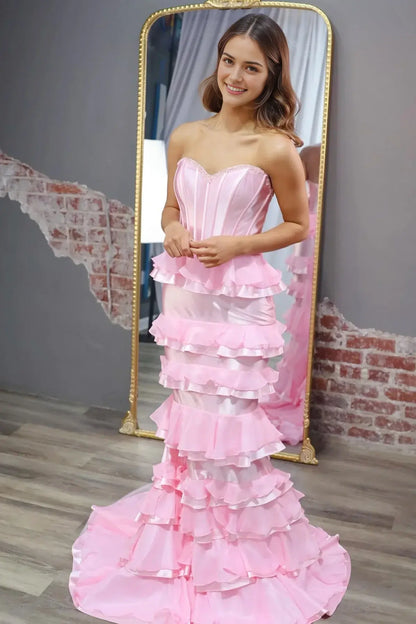 Aimishang Sweetheart Mermaid Strapless Sleeveless Ruffle Tiered Long Prom Dress Lovely Evening Party Dress