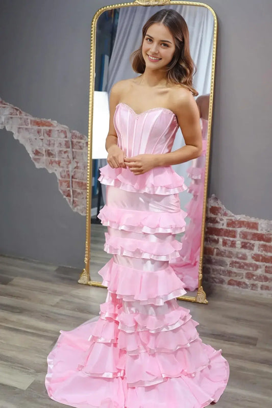 Aimishang Sweetheart Mermaid Strapless Sleeveless Ruffle Tiered Long Prom Dress Lovely Evening Party Dress