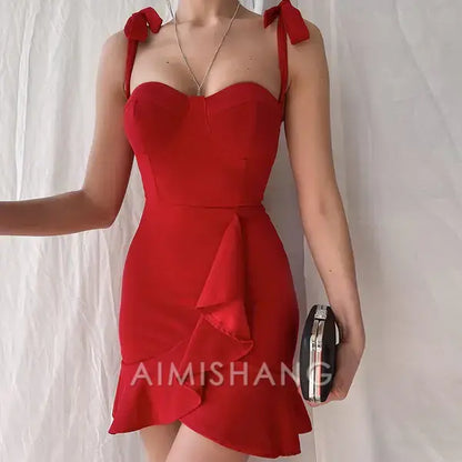 Aimishang Sweetheart Sheath Tied Straps Ruffle Hem Homecoming Dress Simple Birthday Party Dress Short Graduation Dress