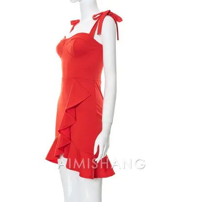 Aimishang Sweetheart Sheath Tied Straps Ruffle Hem Homecoming Dress Simple Birthday Party Dress Short Graduation Dress