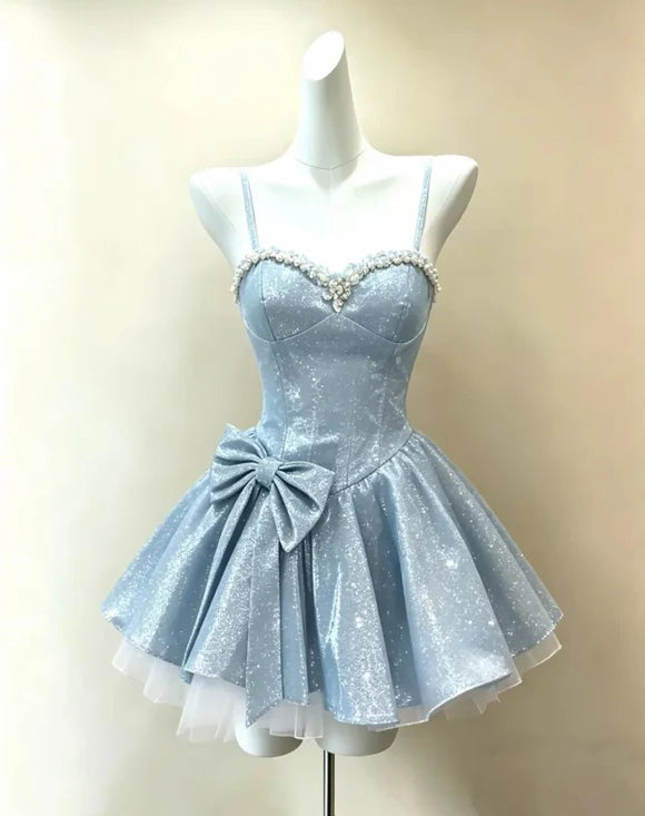 Aimishang Sweetheart Spaghetti Straps A Line Beaded Short 16th Birthday Party Dress Pretty Mini Homecoming Dress With Bow