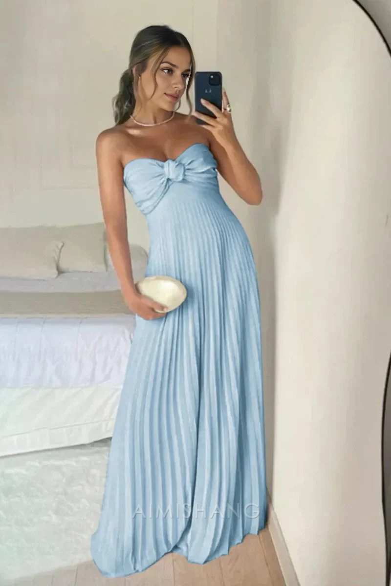 Aimishang Sweetheart Pink Strapless A-Line Pleated Long Formal Prom Dress Charming Wedding Guest Dress Elegant Party Evening Gown