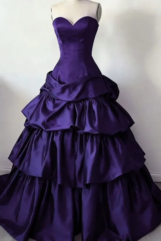 Aimishang Sweetheart Strapless A-Line Tiered Purple Satin Long Formal Prom Dress Elegant Party Graduation Dress