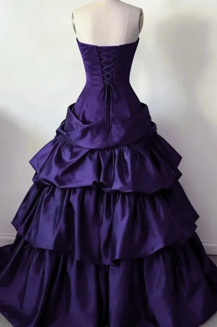Aimishang Sweetheart Strapless A-Line Tiered Purple Satin Long Formal Prom Dress Elegant Party Graduation Dress