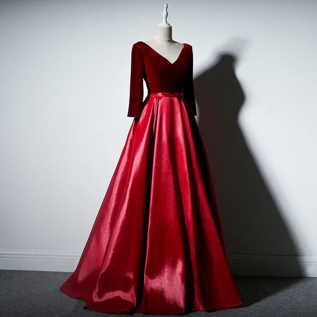 Dark Red Velvet and Satin V-neckline Long Prom Dresses Dark Purple A Line Evening Dress Elegant Wholesale