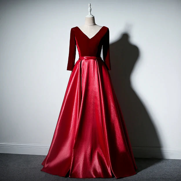 Dark Red Velvet and Satin V-neckline Long Prom Dresses Dark Purple A Line Evening Dress Elegant Wholesale