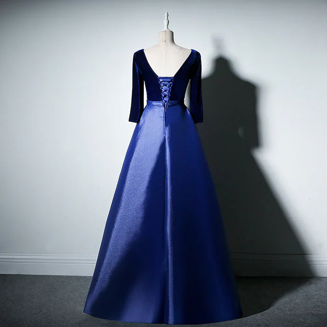 Pretty Blue Long Sleeves Satin with Velvet Party Dress A-line Long Prom Dress Elegant Evening Dress Wholesale