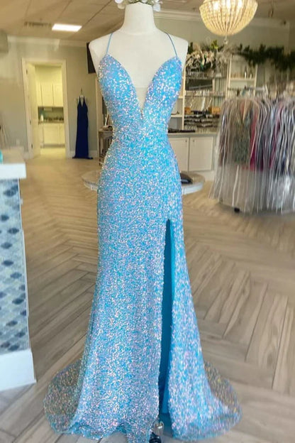 Aimishang Dress Wholesale Blue Sequin Lace-Up Long Prom Dress with Slit Sparkly Evening Dress