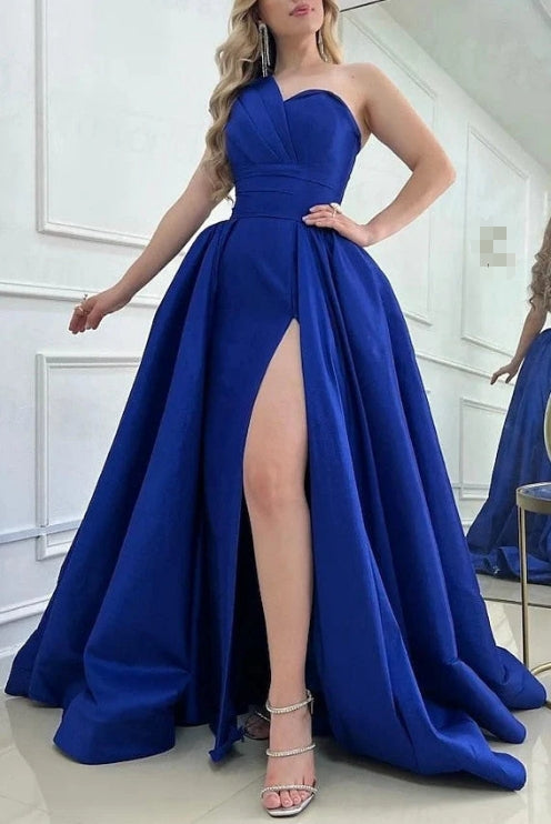 Royal Blue Prom Dress A-Line One Shoulder Floor Length Evening Dress Elegant With Slit