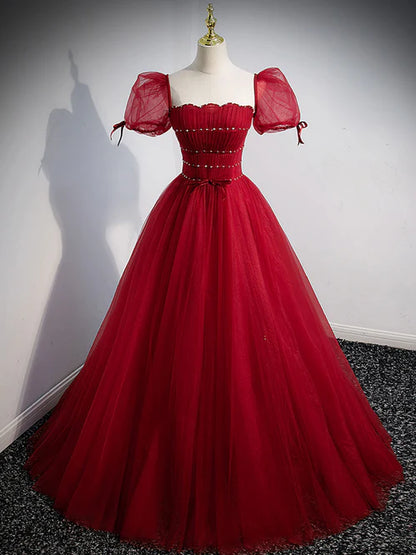 Wine Red Tulle A-line Beaded Long Prom Dress Formal Dress Party Dress Short Sleeves Elegant Evening Dress Wholesale