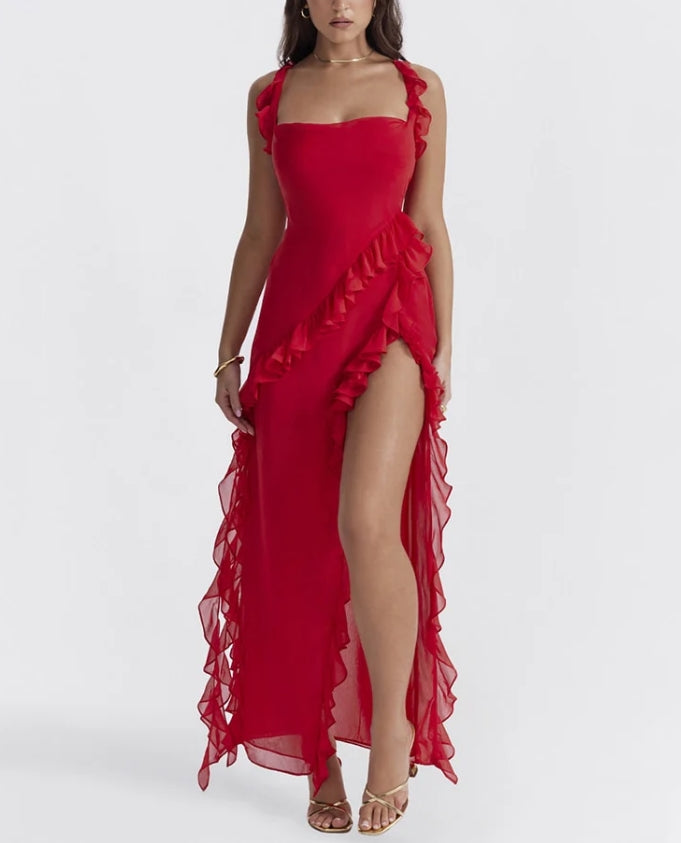 Aimishang Red Ruffle Split Maxi Dress Charming Evening Party Dress Formal Dress