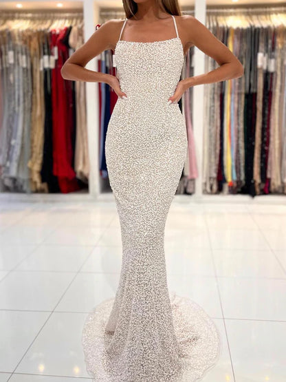 Spaghetti Straps Pearl White Prom Dresses Sparkly Sheath Formal Dress Evening Dress Wholesale