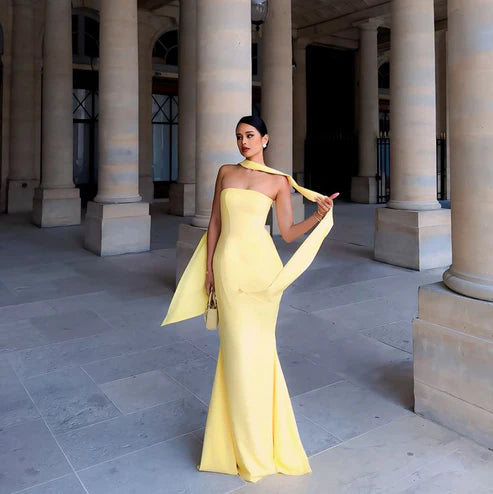 Aimishang Mermaid Strapless Long Prom Dress Formal Dress Yellow Elegant Evening Party Dress