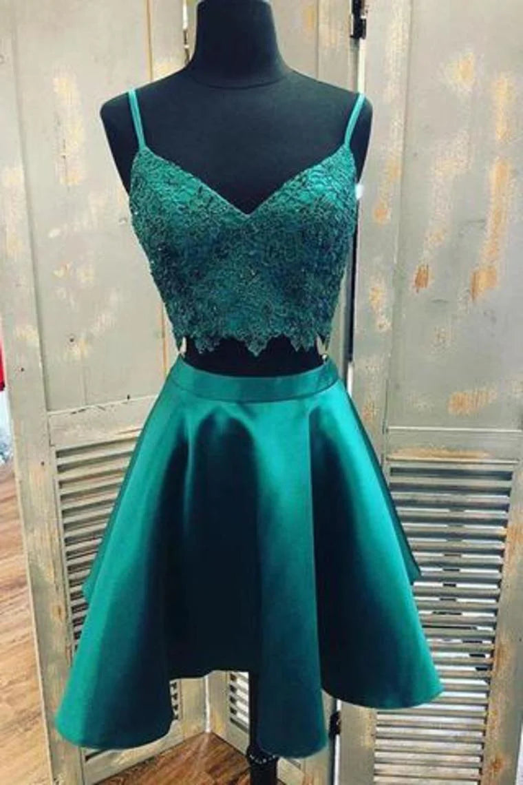 Wholesale Homecoming Dresses Teal Two Piece Satin With Lace Strap Graduation Dress