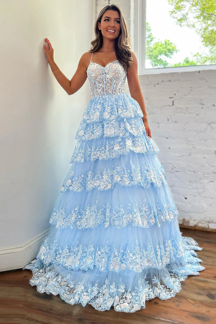 Wholesale Long Prom Dresses Sparkly Straps Tiered Sequin Embroidery