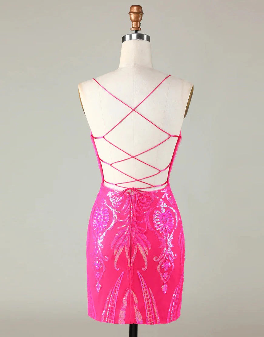 Wholesale Fashionable and Beautiful Homecoming Dress Trend Hot Pink Lace Up Tight Glitter