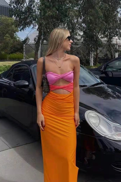 Aimishang Fashion Sheath Strapless Twisted Front Cut-Out Contrast Party Evening Gown