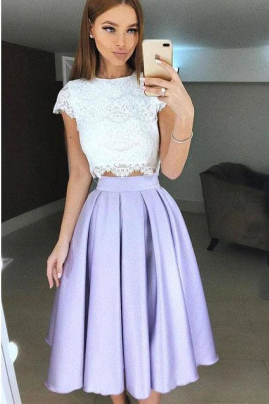 Wholesale Homecoming Dress Two Piece Tea-Length Lavender Prom With Lace Pleats