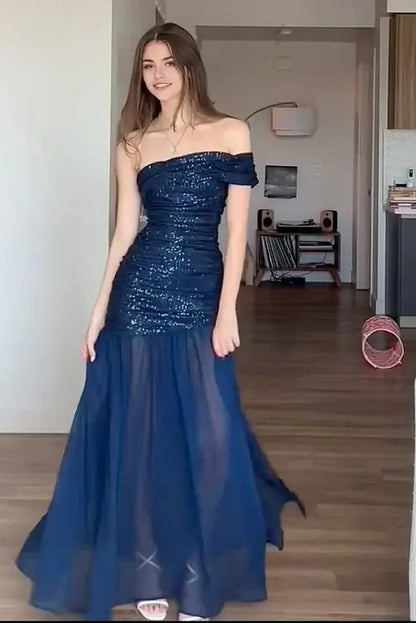 Aimishang Sparkly Off Shoulder Ruched Long Evening Gown Charming Formal Prom Dress With Slit