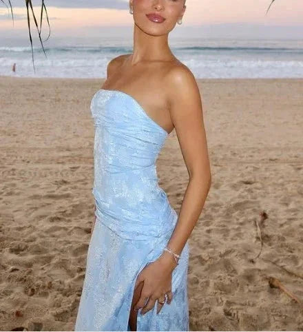 Aimishang Elegant Blue Sheath Strapless Sleeveless Long Formal Prom Dress Charming Party Evening Gowns With Slit