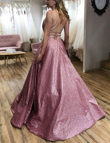 Wholesale A line Pink Sequins Straps Prom Dresses Evening