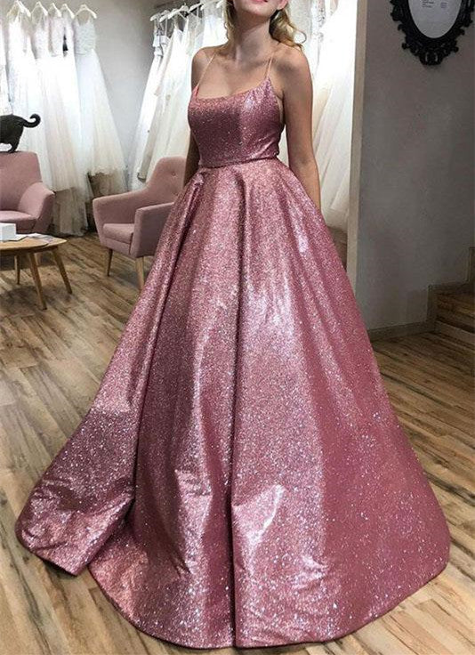 Wholesale A line Pink Sequins Straps Prom Dresses Evening