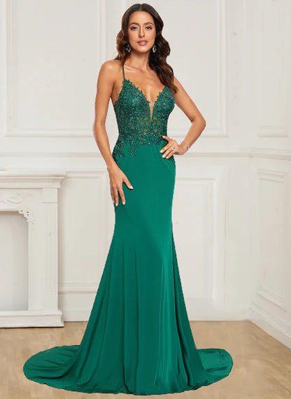 Wholesale Prom Dresses Unique Spaghetti Straps Mermaid V-Neck With Applique