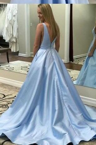 Wholesale Formal Dresses Satin Prom Dresses with V Neck V Back Straps