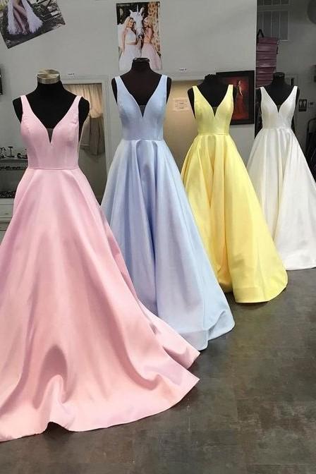 Wholesale Formal Dresses Satin Prom Dresses with V Neck V Back Straps