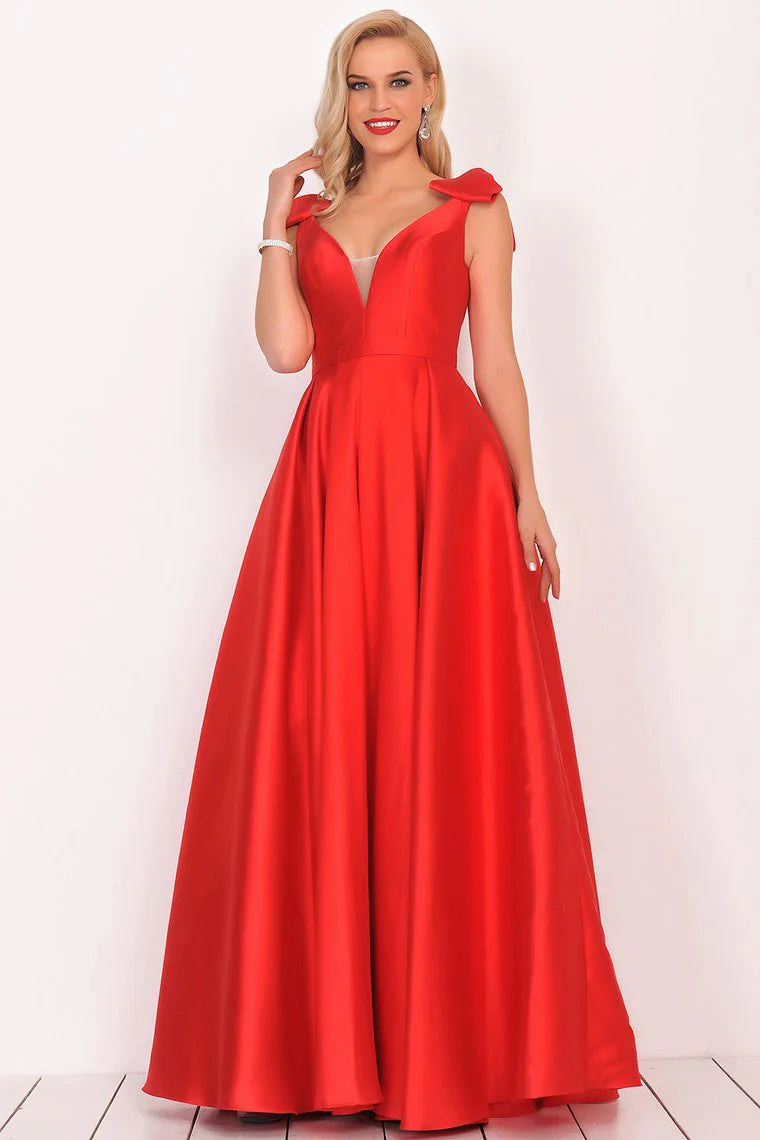 Wholesale A-Line Satin Evening Dress V-Neck Bubble Shoulder Floor-Length