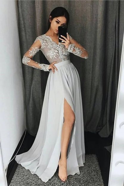 Wholesale V Neck Long Sleeves A Line Prom Dresses With Applique And Slit