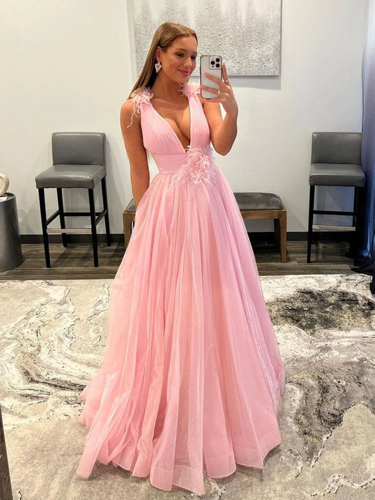 Wholesale Deep V Neck Pink Princess Prom Dresses Elegant Evening Dresses Organza