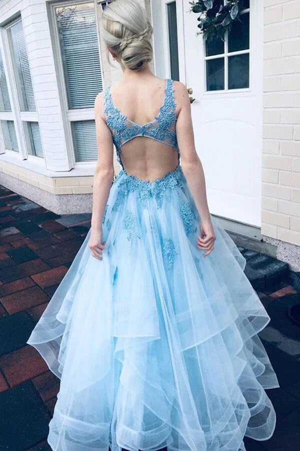 Wholesale Prom Dresses V-Neck A Line Tulle With Applique Open Back