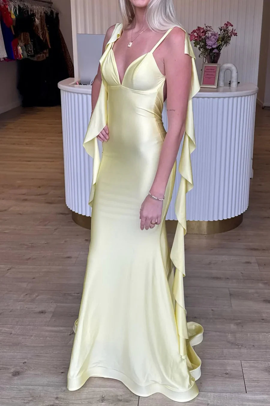 Aimishang Mermaid Straps Sleeveless Yellow Satin Long Formal Prom Dress Elegant Wedding Dress Party Dress With Ruffle