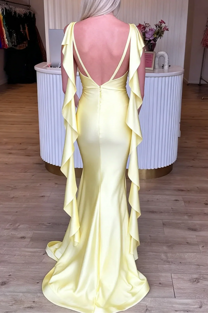 Aimishang Mermaid Straps Sleeveless Yellow Satin Long Formal Prom Dress Elegant Wedding Dress Party Dress With Ruffle