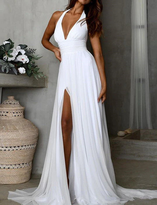 Wholesale Evening Dresses V-neck Chiffon Backless Prom Dresses Slit