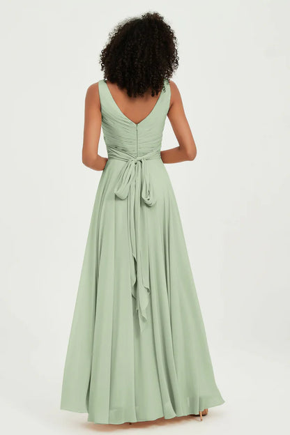 Wholesale Elegant Dusty-Sage Prom Dresses V Neck Chiffon Bridesmaid Gown Wedding Guest Dresses