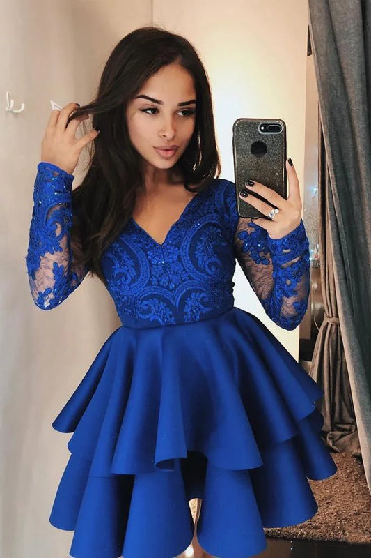 Wholesale Homecoming Dresses Vintage Long Sleeve V Neck Knee Length with Lace