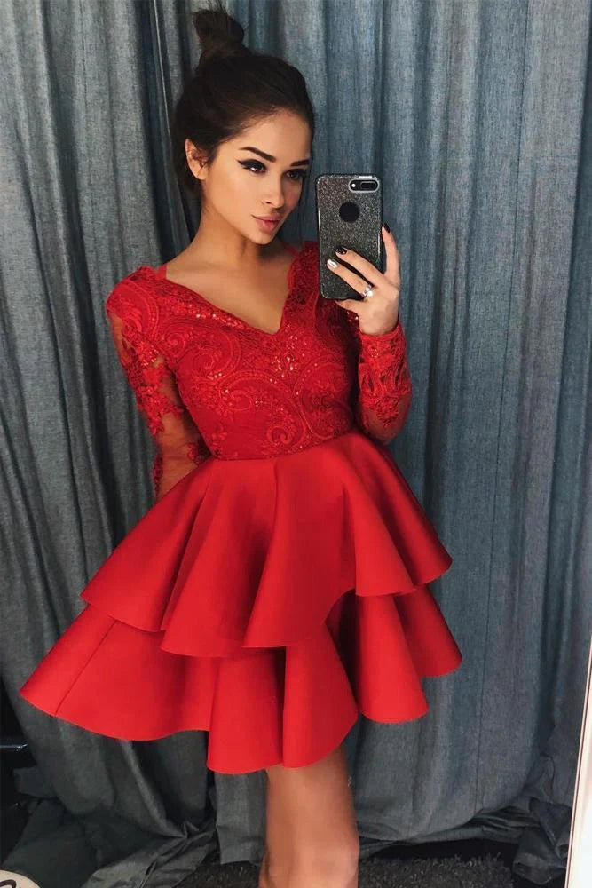 Wholesale Homecoming Dresses Vintage Long Sleeve V Neck Knee Length with Lace