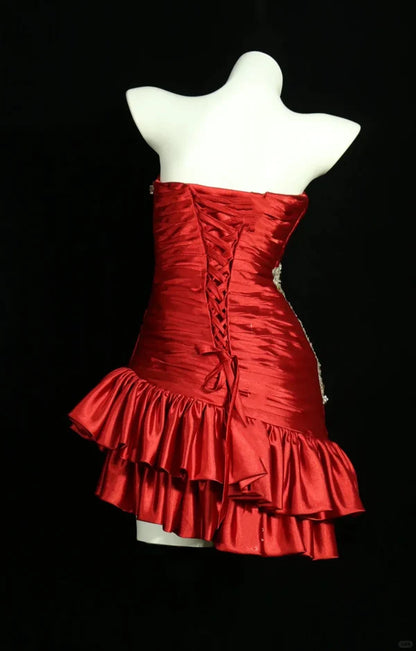 Aimishang Vintage Strapless Satin Pleated Ruffle Homecoming Dress Short Graduation Dress Chic Birthday Party Dress