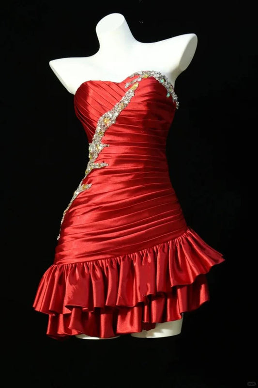 Aimishang Vintage Strapless Satin Pleated Ruffle Homecoming Dress Short Graduation Dress Chic Birthday Party Dress