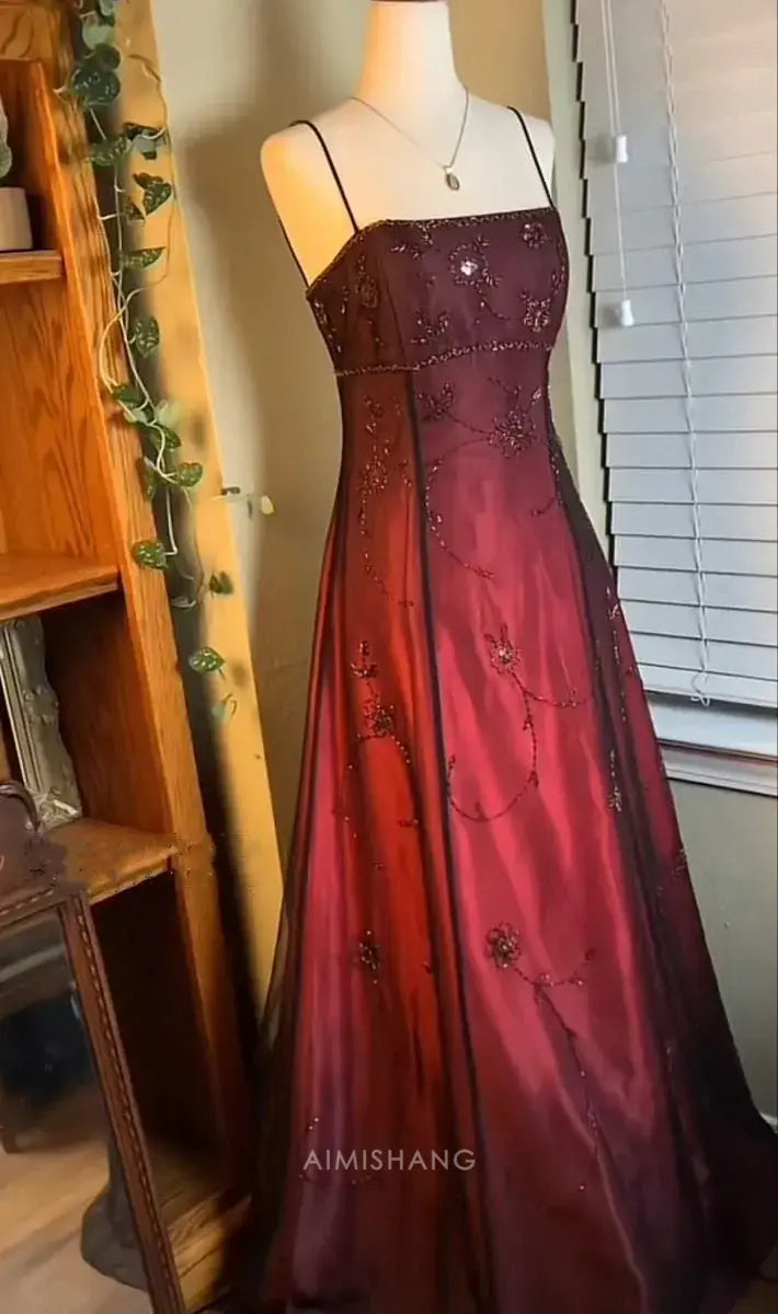 Aimishang Vintage A Line Spaghetti Straps Sleeveless Long Formal Prom Dress Elegant Party Evening Gown Charming Wedding Guest Dress
