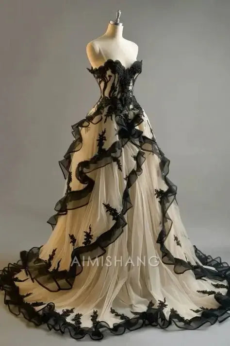 Aimishang Vintage A Line Strapless Ruffles Long Formal Prom Dress Sweetheart Evening Party Gowns Elegant Wedding Guest Dress for Women