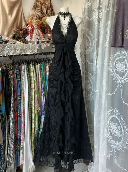 Aimishang Vintage Black A Line Halter Sleeveless Long Formal Prom Dress Sexy Party Evening Gown Elegant Wedding Guest Dress