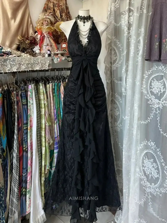Aimishang Vintage Black A Line Halter Sleeveless Long Formal Prom Dress Sexy Party Evening Gown Elegant Wedding Guest Dress
