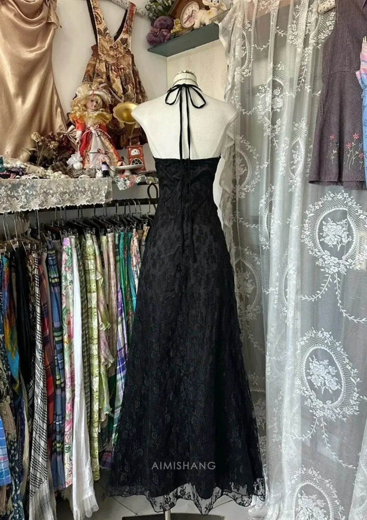 Aimishang Vintage Black A Line Halter Sleeveless Long Formal Prom Dress Sexy Party Evening Gown Elegant Wedding Guest Dress