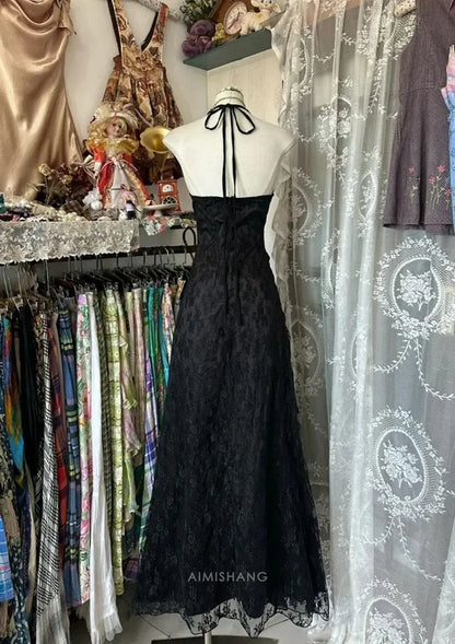 Aimishang Vintage Black A Line Halter Sleeveless Long Formal Prom Dress Sexy Party Evening Gown Elegant Wedding Guest Dress