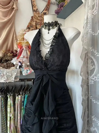 Aimishang Vintage Black A Line Halter Sleeveless Long Formal Prom Dress Sexy Party Evening Gown Elegant Wedding Guest Dress