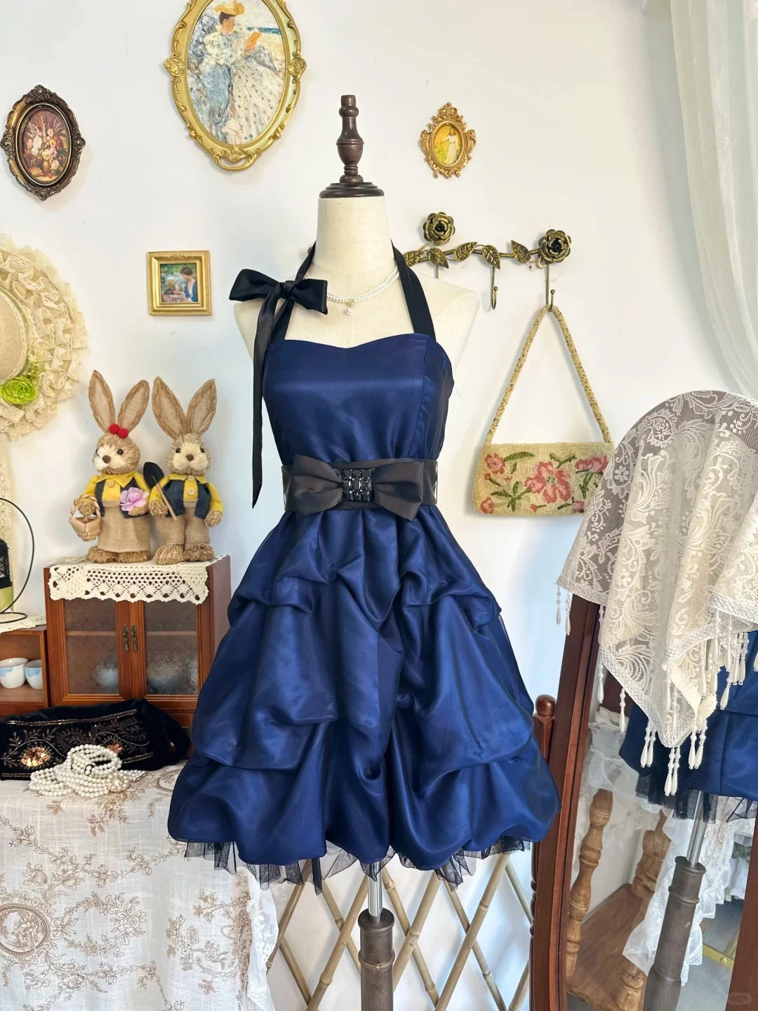 Aimishang Vintage Blue Halter A Line Short Party Prom Dress Classy Graduation Homecoming Dress With Bow