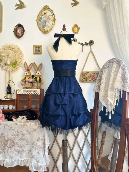 Aimishang Vintage Blue Halter A Line Short Party Prom Dress Classy Graduation Homecoming Dress With Bow